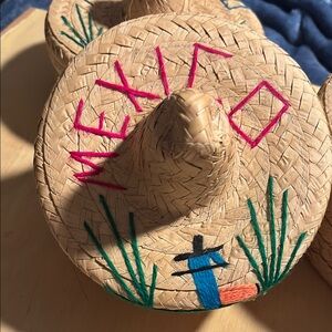Tan and Red Decorative Basket with Woven Accents